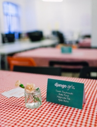 Flowers and name tag on a table.